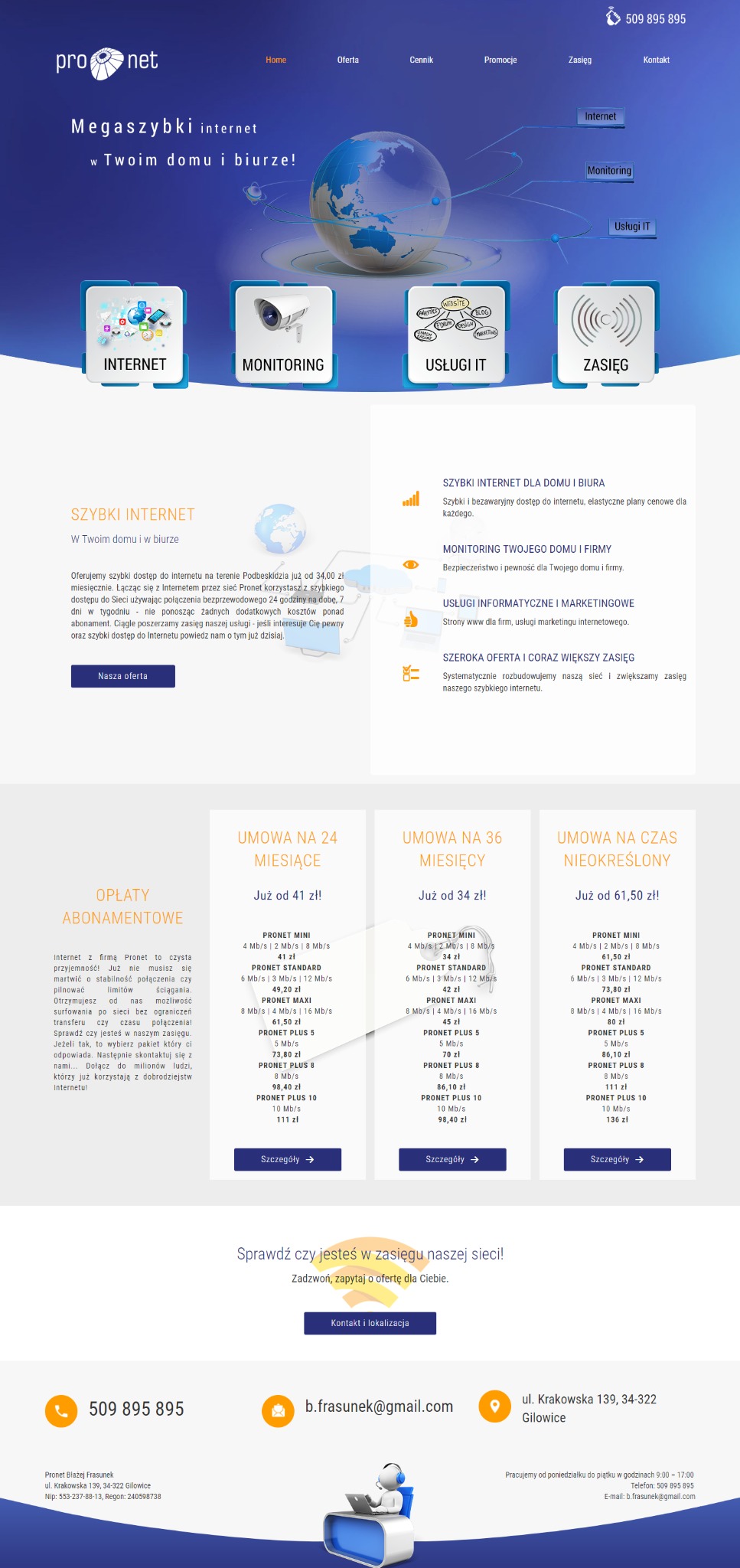 Strona internetowa dostawcy internetu Pronet z ofertą abonamentów, szybkości połączeń i danymi kontaktowymi.