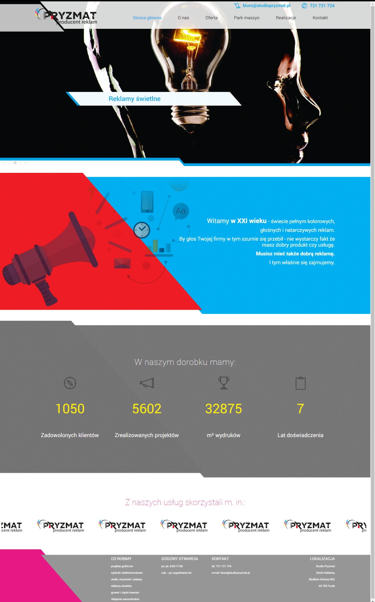 Strona internetowa firmy Pryzmat z Suwałk, prezentująca ofertę reklamową, w tym reklamy świetlne, projekty graficzne i wydruki wielkoformatowe.