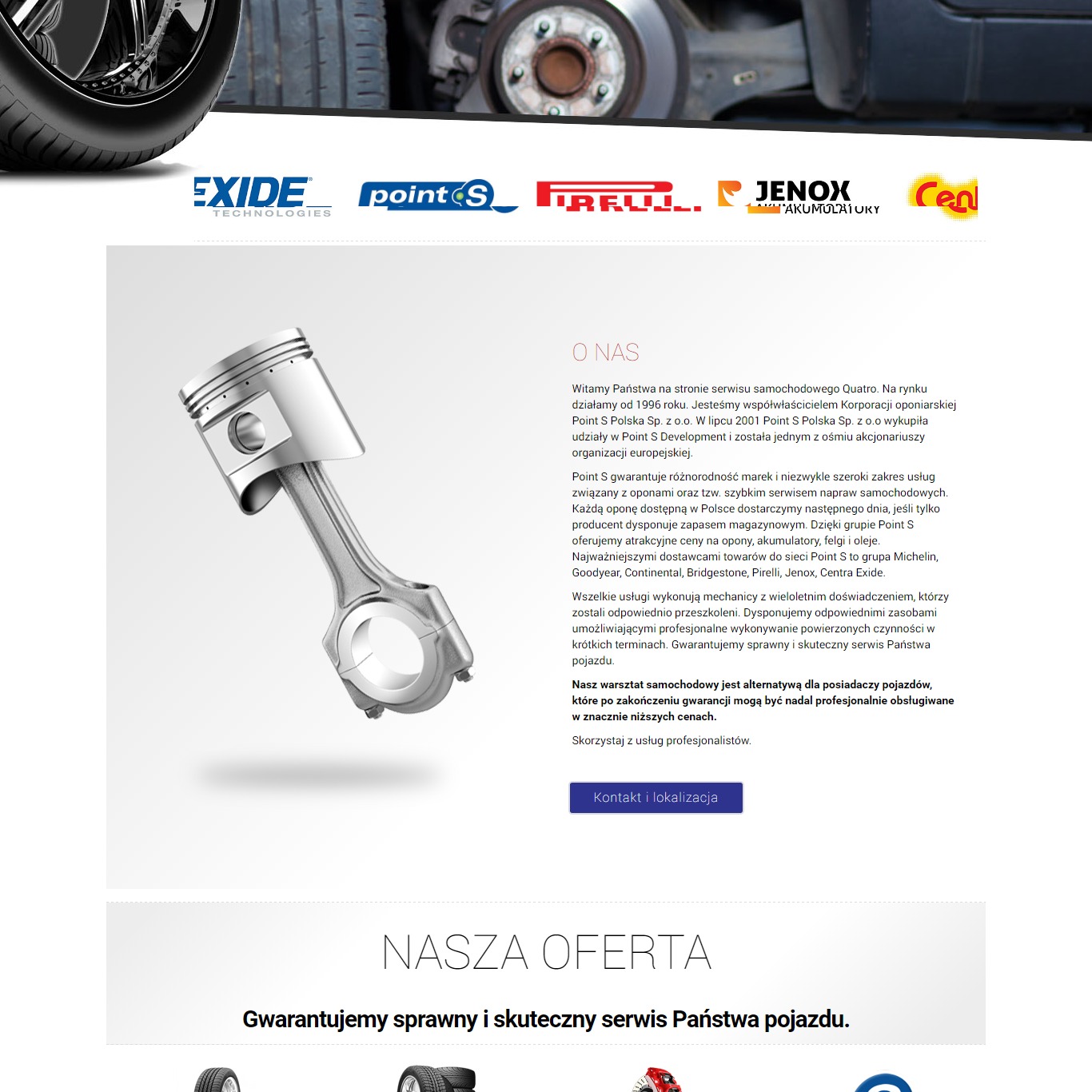 Strona internetowa serwisu samochodowego z ilustracją tłoka silnika, logo producentów akumulatorów i opon.