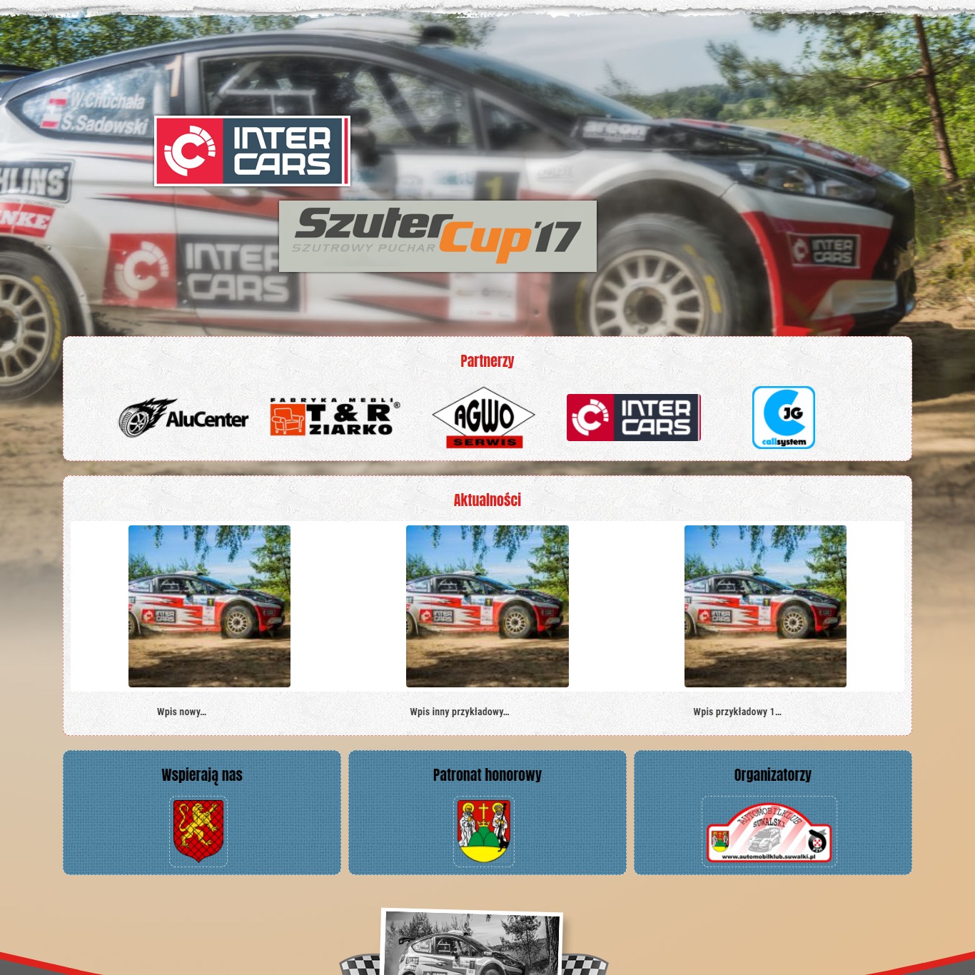Fragment strony internetowej z motywem rajdów samochodowych, prezentujący logo sponsorów, aktualności i informacje o organizatorach.