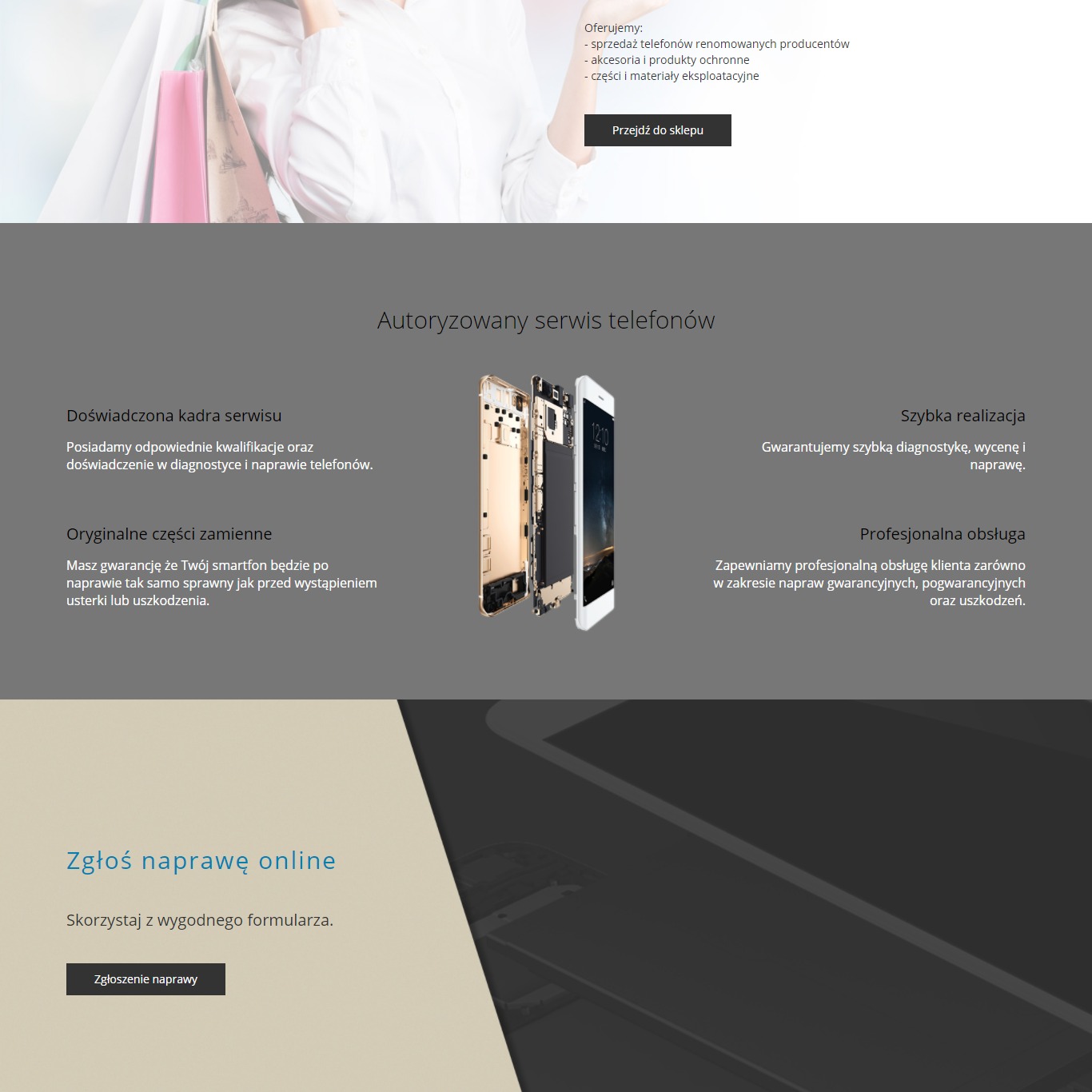 Strona internetowa autoryzowanego serwisu telefonów z wizualizacją rozłożonego smartfona na części i złożonego telefonu z wyświetlaną godziną 12:10.