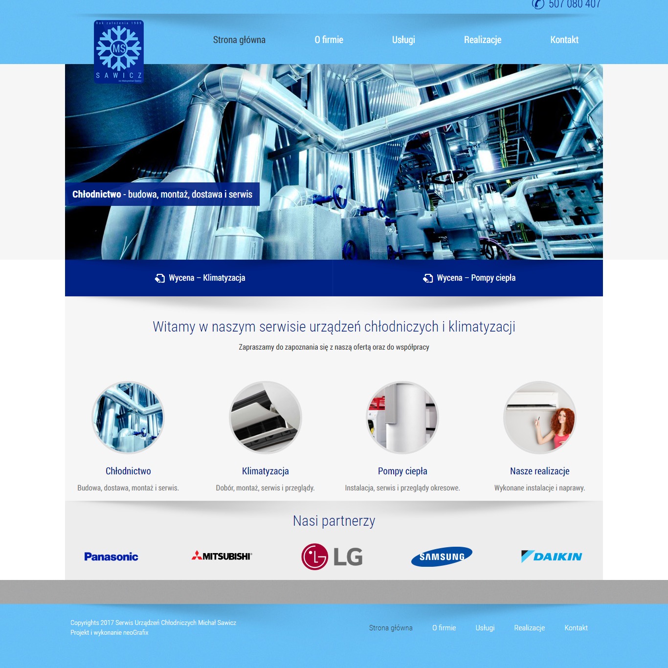 Strona internetowa firmy z branży chłodnictwa i klimatyzacji, prezentująca instalacje przemysłowe z rurami, zaworami i urządzeniami chłodniczymi w tle.