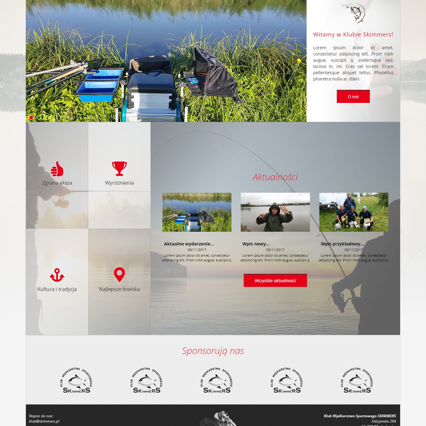 Strona internetowa Klubu Wędkarstwa Sportowego Skimmers z elementami graficznymi przedstawiającymi sprzęt wędkarski i krajobrazy wodne.