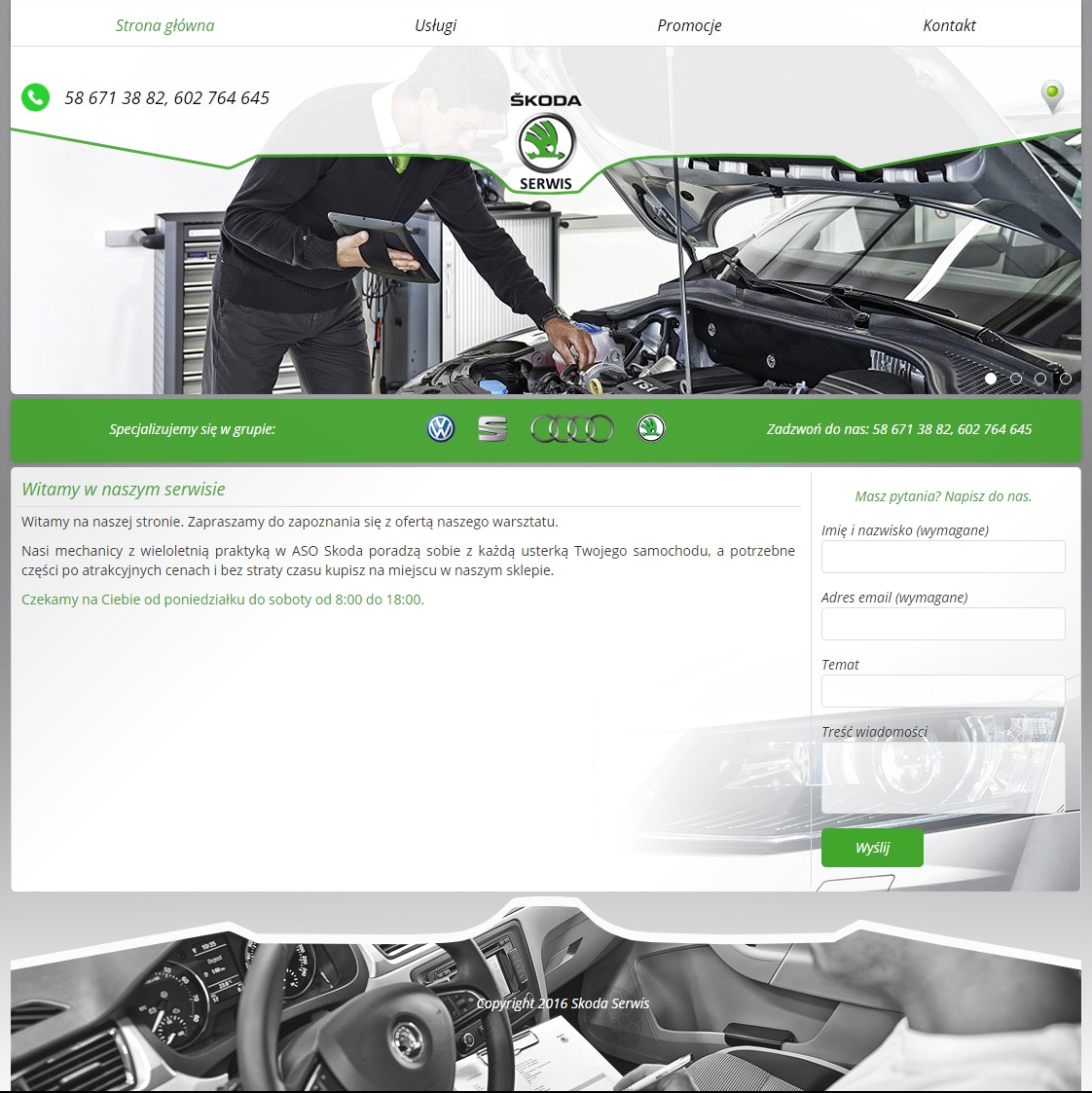 Strona internetowa serwisu samochodowego Skoda z mechanikiem diagnozującym silnik, widoczne logo serwisu i dane kontaktowe.