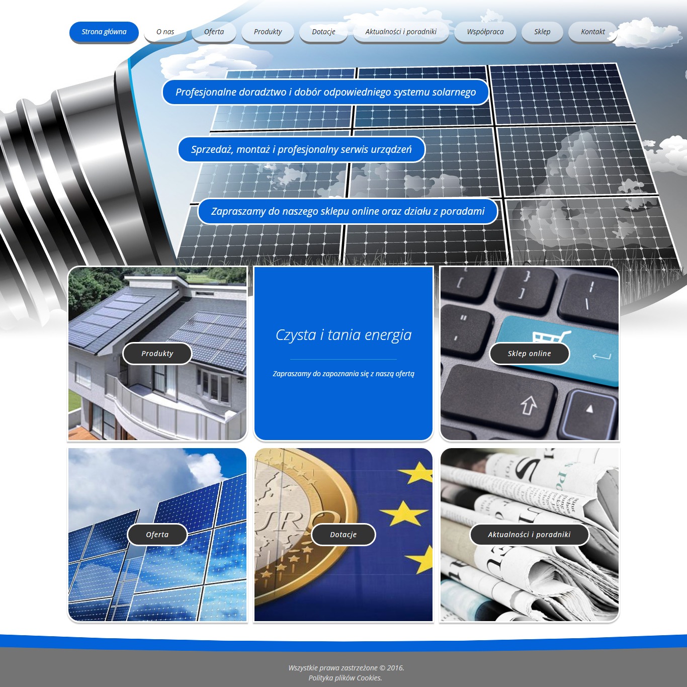 Projekt strony internetowej prezentujący panele słoneczne, z sekcjami: 'Profesjonalne doradztwo', 'Sprzedaż, montaż', 'Sklep online', 'Czysta i tania energia', 'Produkty', 'Oferta', 'Dotacje'...