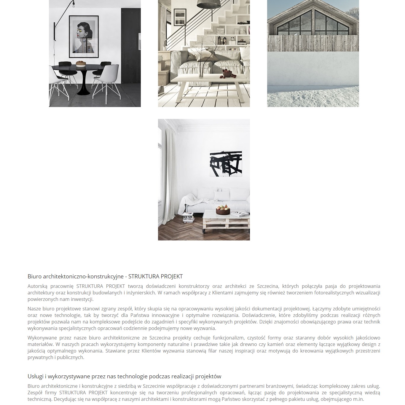 Kolaż trzech zdjęć przedstawiających nowoczesne wnętrza: jadalnia z czarnym stołem i krzesłami, salon z jasną sofą i schodami oraz sypialnia z minimalistycznym wystrojem i abstrakcyjnym obrazem.