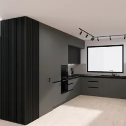 Nowoczesna, szara kuchnia z czarnym akcentem w postaci dekoracyjnej ściany z pionowych listew i subtelnym oświetleniem LED, zrealizowana w Czapurach. Widoczne w tle czarne półki z kieliszkami...