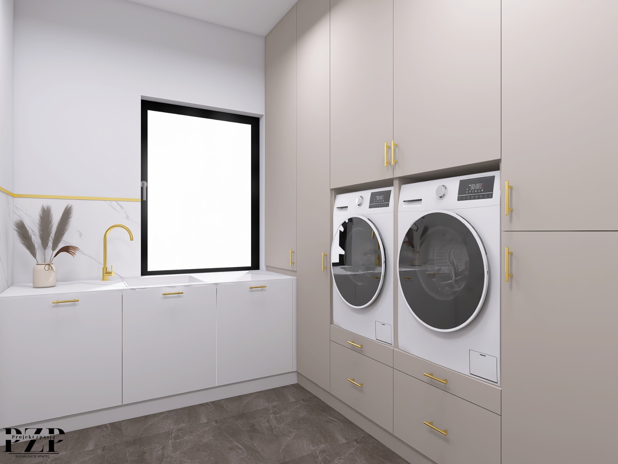 Projekt łazienki: Jasne wnętrze z dwiema pralkami obok siebie, złotymi akcentami na armaturze i uchwytach meblowych, marmurowa ściana z dekoracyjnym wazonem i oknem.