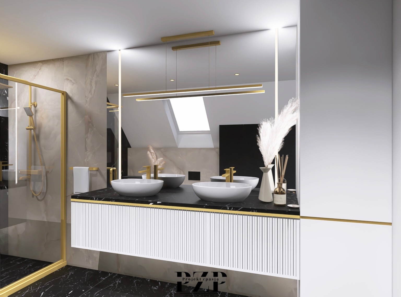 Nowoczesna łazienka z czarnym marmurem na podłodze i blacie, białą szafką pod umywalką z ryflowanym frontem, złotymi akcentami na armaturze i kabinie prysznicowej, oraz dekoracyjnymi trawami...