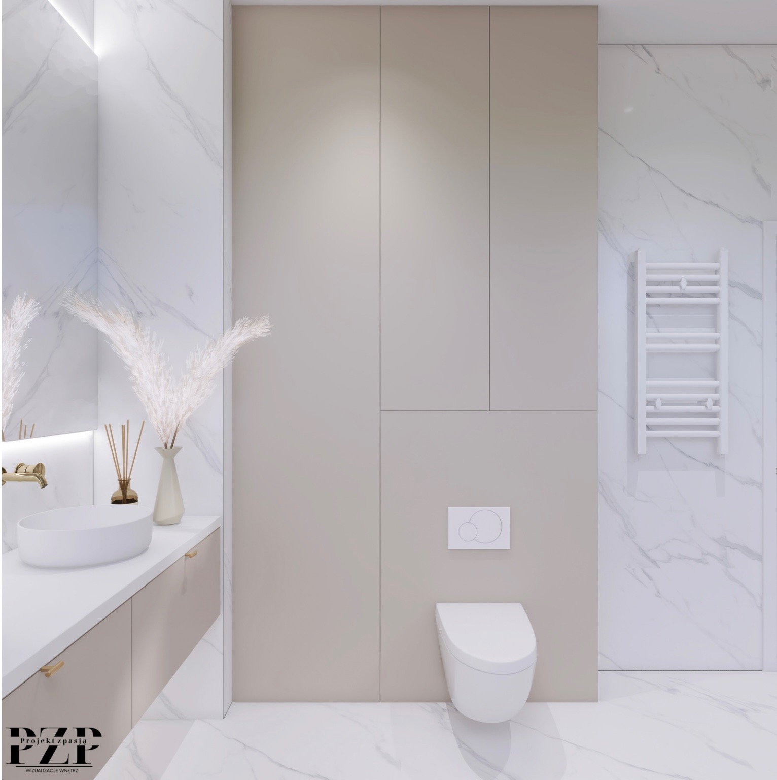 Nowoczesna łazienka z marmurowymi ścianami, beżowymi szafkami, owalną umywalką, złotą armaturą i wiszącą toaletą.