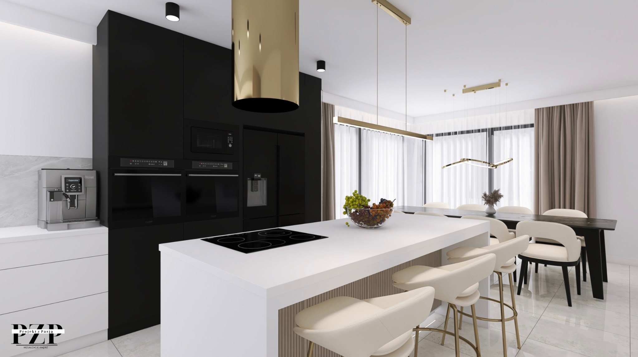 Wizualizacja nowoczesnej kuchni z czarnymi szafkami, białym blatem wyspowym z płytą indukcyjną, złotym okapem cylindrycznym, ekspresem do kawy i jadalnią w tle.