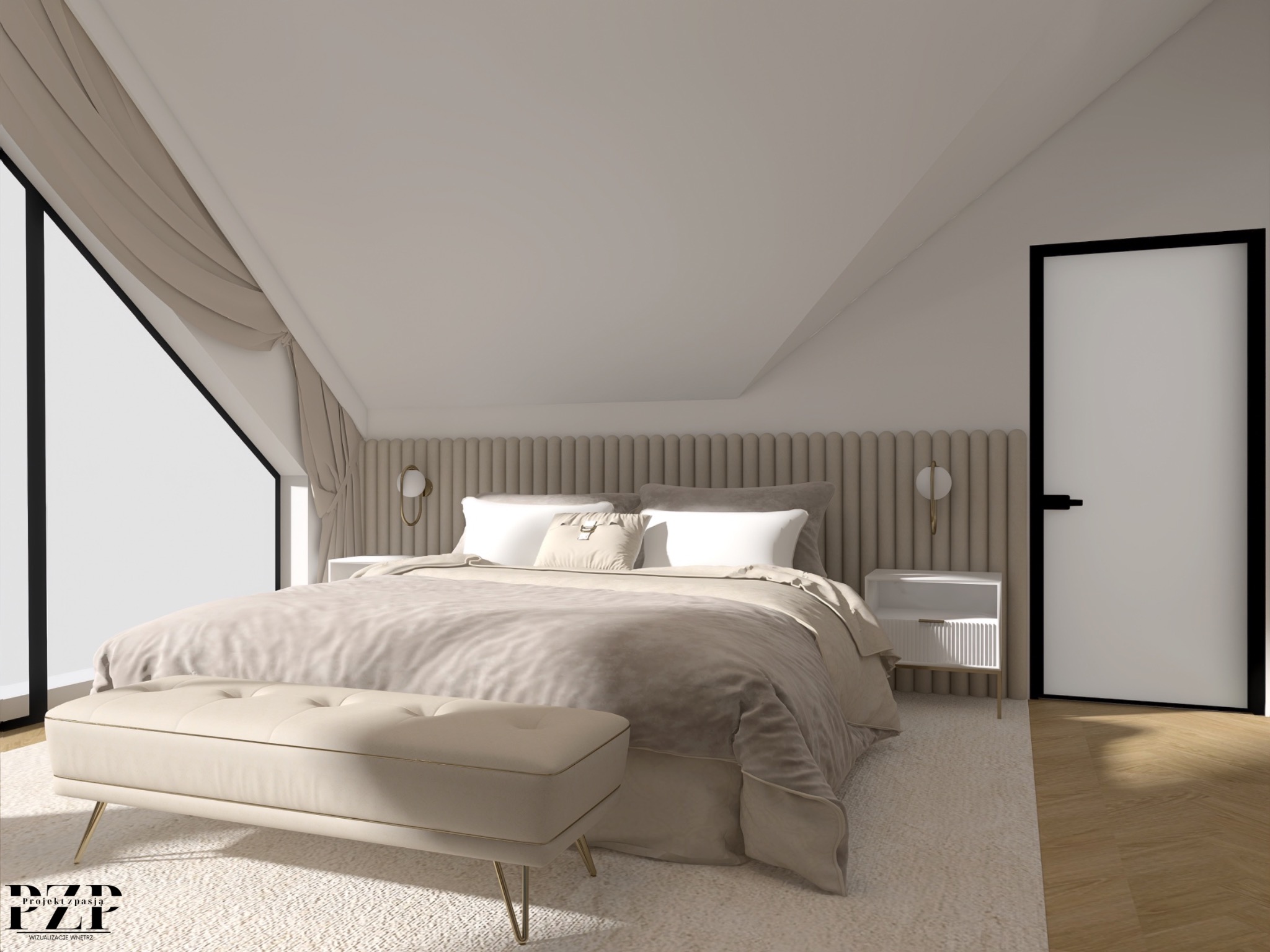 Beżowa sypialnia na poddaszu z łóżkiem, pufą, lampkami nocnymi i dywanem shaggy. Wezgłowie łóżka z pionowych paneli. Czarno-białe drzwi w tle.