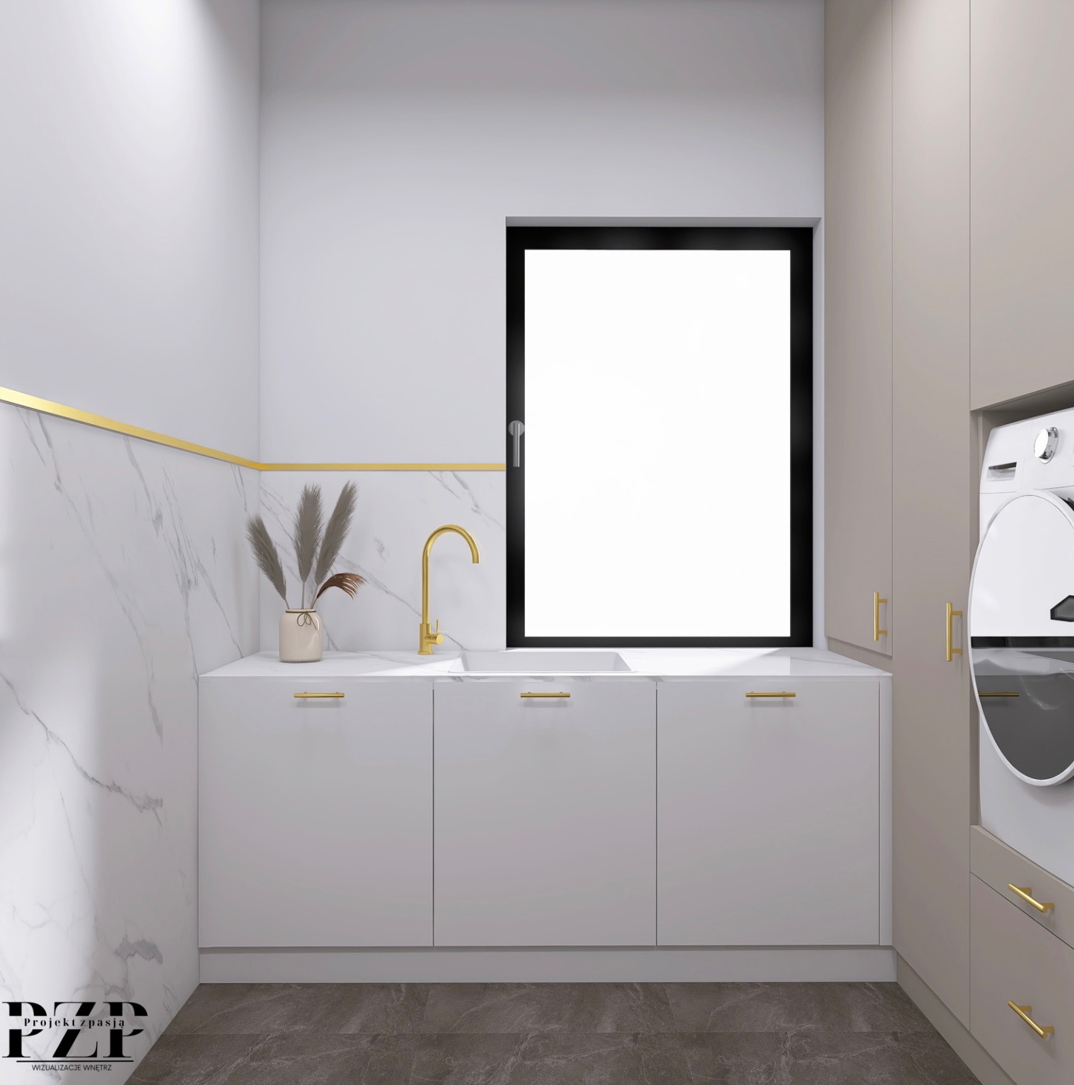 Wizualizacja nowoczesnej pralni z białą zabudową, złotymi akcentami i marmurowym wykończeniem ściany, uzupełniona o pralkę w zabudowie.