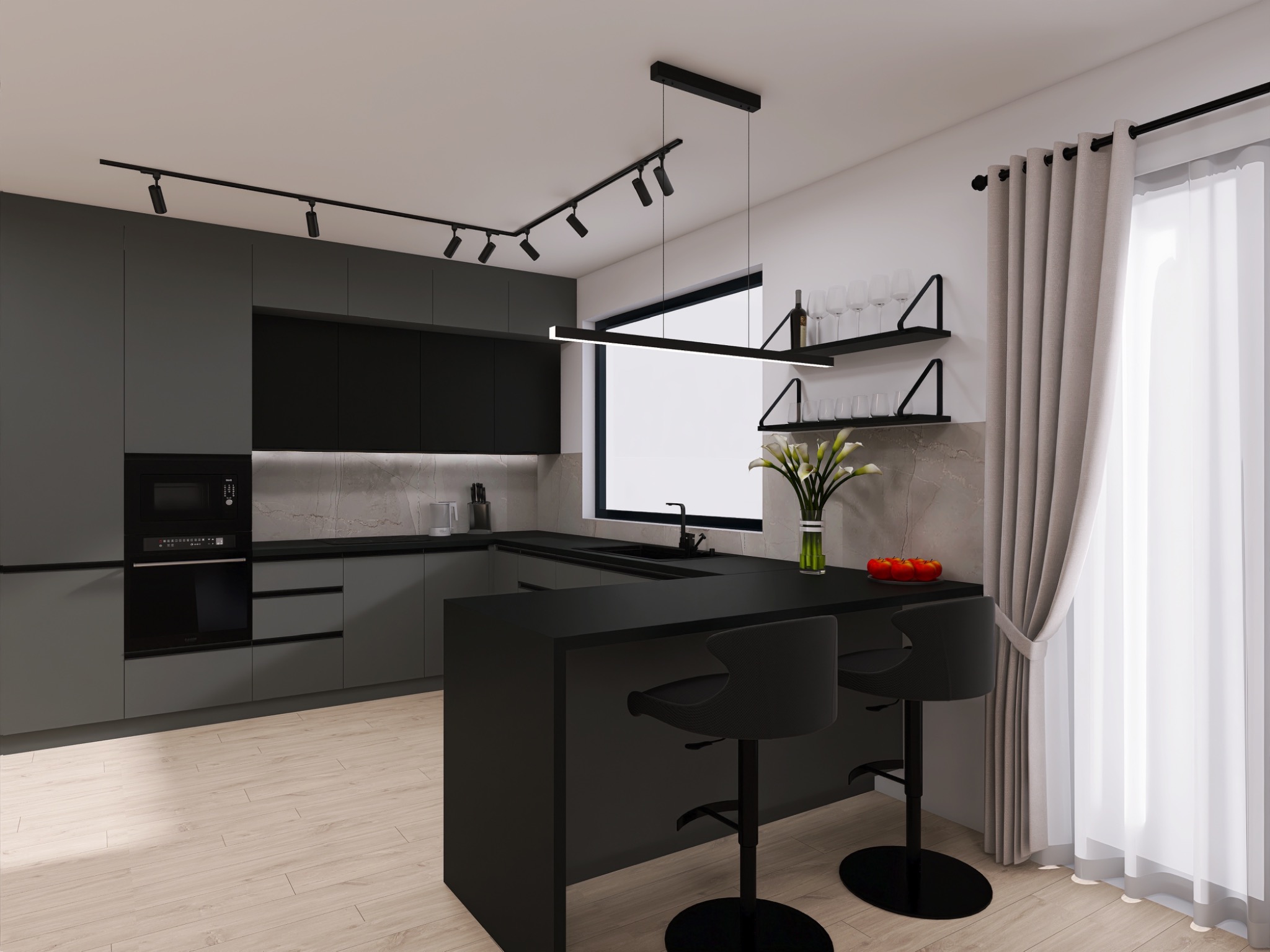 Nowoczesna kuchnia w odcieniach szarości i czerni z wyspą, oświetleniem punktowym i dekoracyjnymi półkami na ścianie.