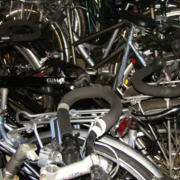 Stłoczone rowery różnych marek, w tym Gazelle, Batavus i Koga Miyata, zaparkowane w pomieszczeniu z ceglaną ścianą w tle.