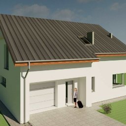 SINGERPROJEKT Biuro Projektów Budowlanych mgr inż. Jakub Singer - Wizualizacja domu jednorodzinnego z garażem, dwuspadowy dach kryty blachą, kobieta z walizką wchodzi do środka.