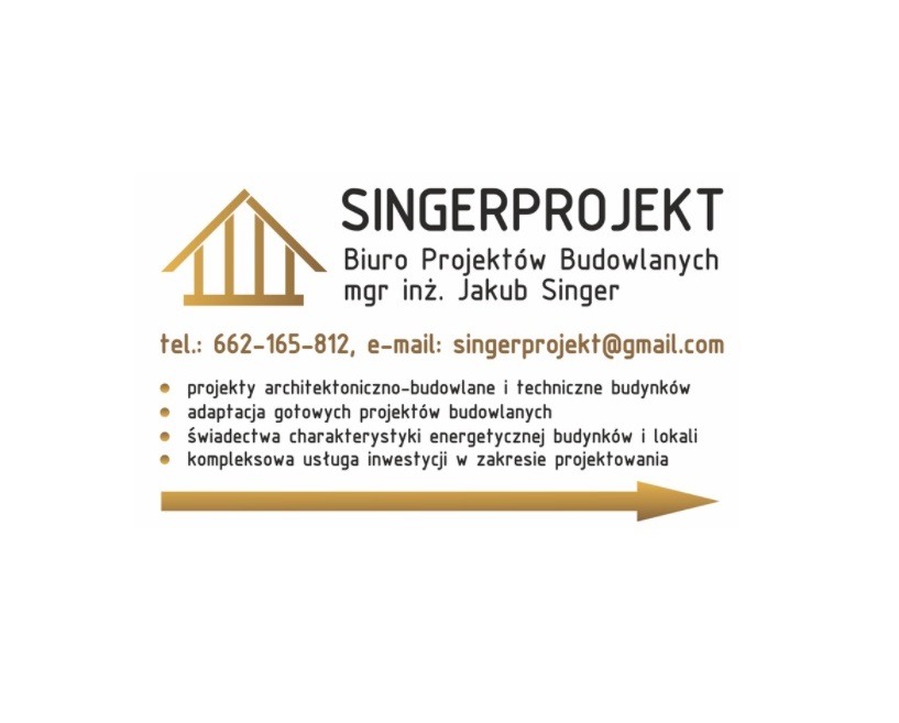 Logo firmy SINGERPROJEKT, biuro projektów budowlanych mgr inż. Jakub Singer, dane kontaktowe oraz zakres usług: projekty architektoniczno-budowlane i techniczne, adaptacja gotowych projektów...