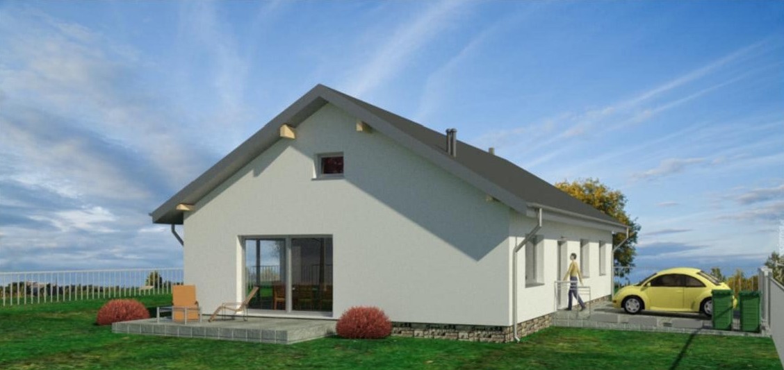 Wizualizacja parterowego domu jednorodzinnego z szarym dachem, żółtym samochodem Volkswagen Garbusem i osobą wchodzącą do budynku po schodach.