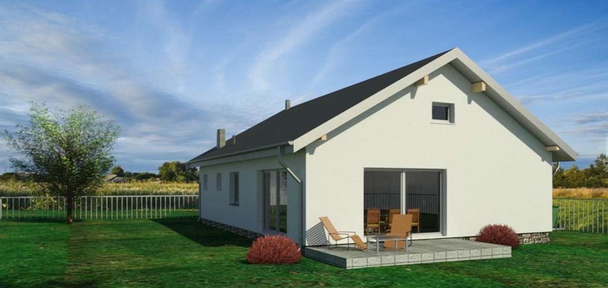 Wizualizacja parterowego domu jednorodzinnego z płaskim dachem i tarasem, otoczonego zielonym trawnikiem oraz ogrodzeniem.