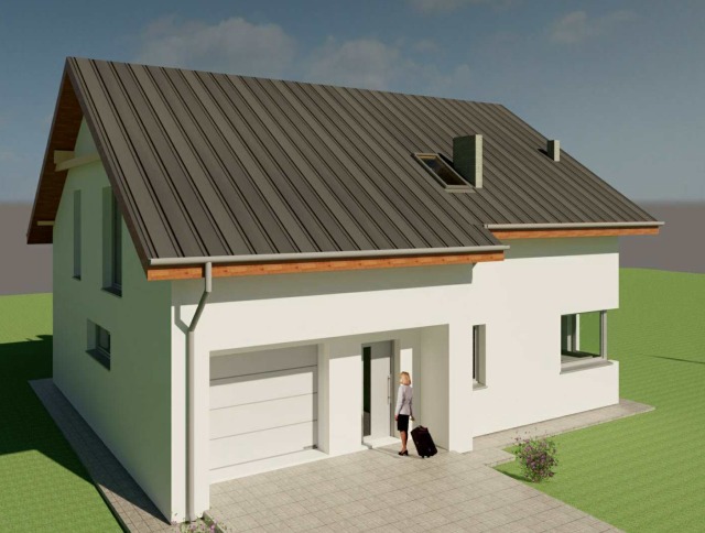 Wizualizacja domu jednorodzinnego z garażem, dwuspadowy dach kryty blachą, kobieta z walizką wchodzi do środka.
