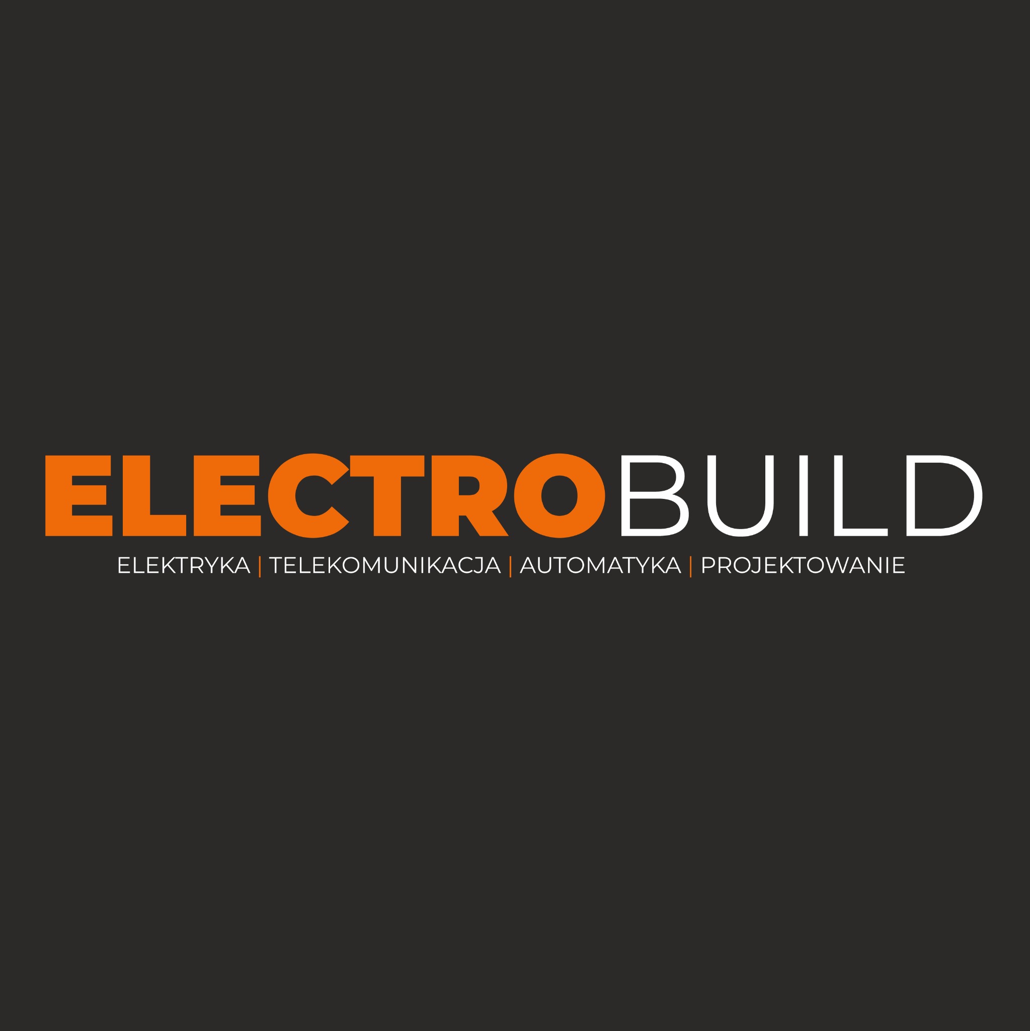 Logo firmy ElectroBuild w kolorach pomarańczowym i białym na ciemnoszarym tle. Pod nazwą firmy widnieje napis: Elektryka | Telekomunikacja | Automatyka | Projektowanie.
