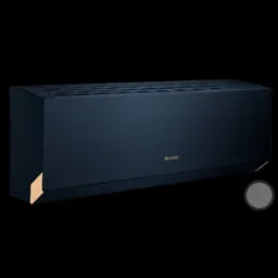 Stylowy, ciemnoniebieski klimatyzator marki Gree z delikatnymi złotymi akcentami, prezentowany na czarnym tle.