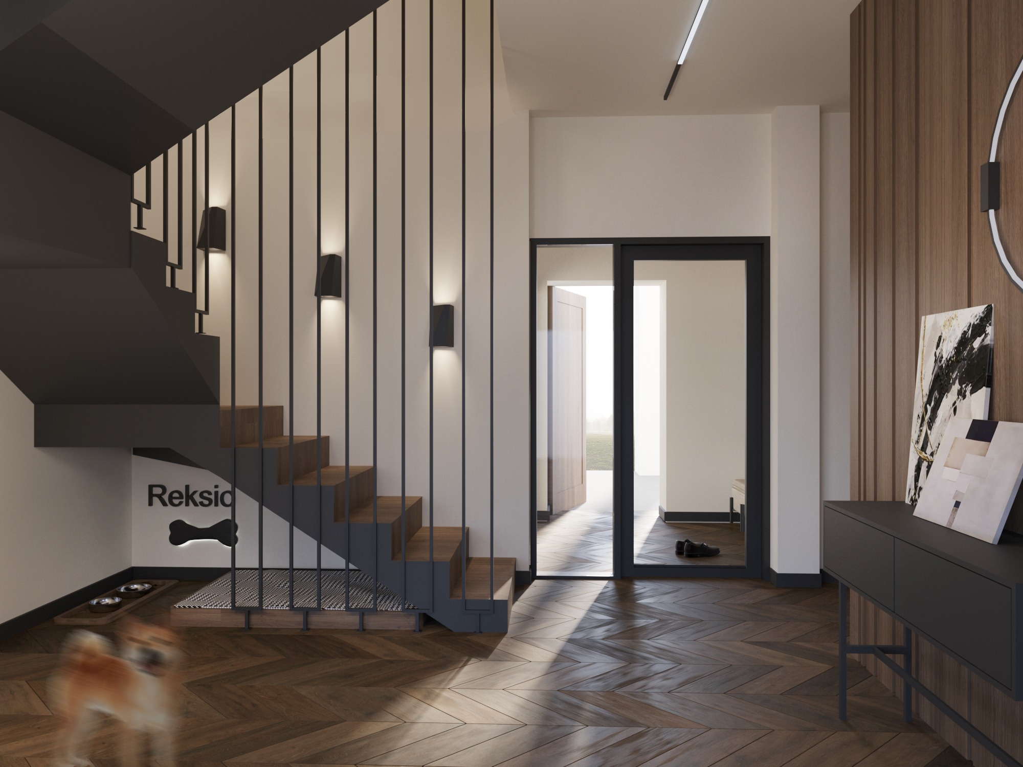 Nowoczesne wnętrze domu pod Poznaniem z drewnianą podłogą w jodełkę, schodami z czarnymi balustradami i miejscem dla psa o imieniu Reksio, z miskami i legowiskiem pod schodami.