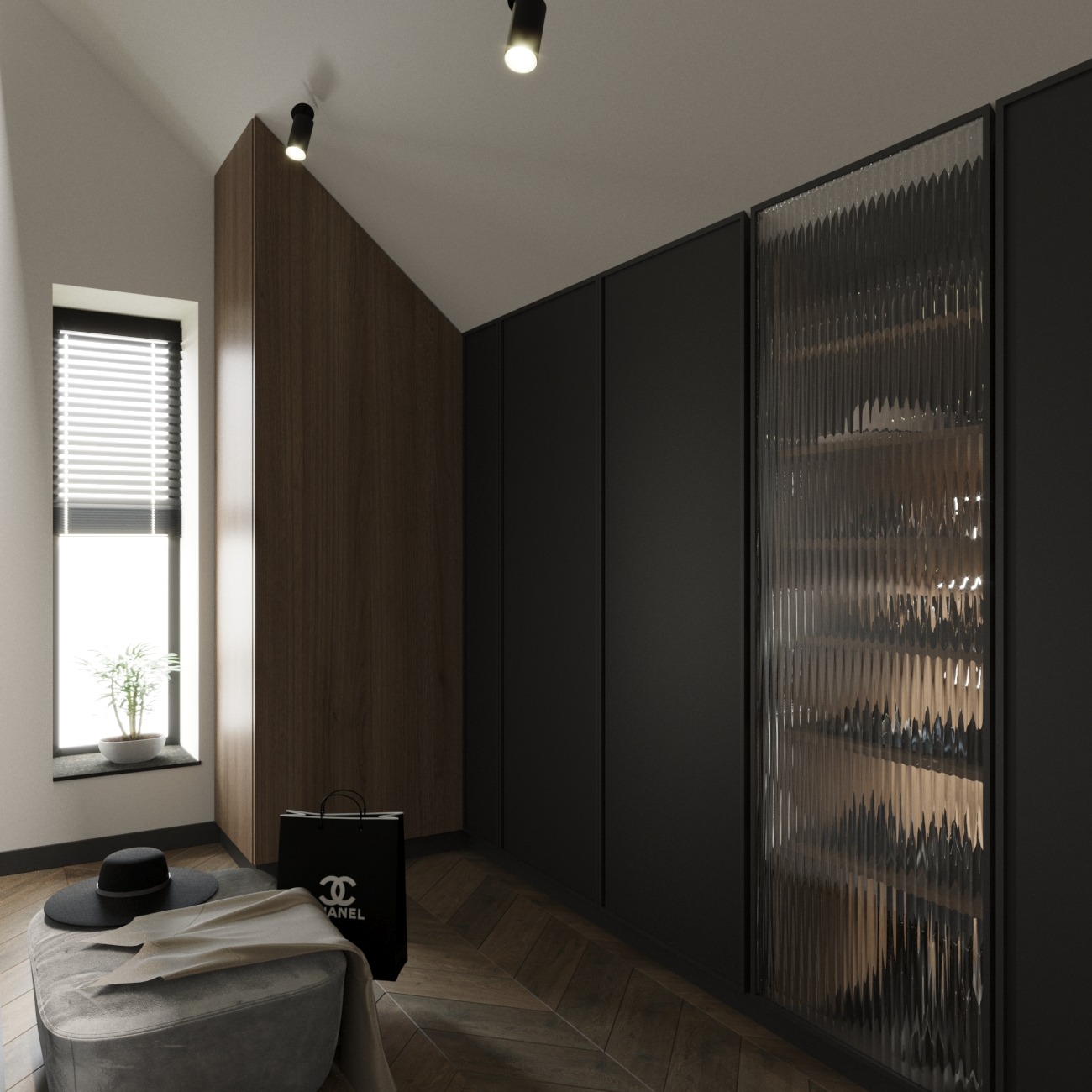 Nowoczesna garderoba w domu pod Poznaniem: minimalistyczne czarne szafy z ryflowanym szkłem, drewniana boazeria, pufa z kapeluszem i torbą Chanel przy oknie.