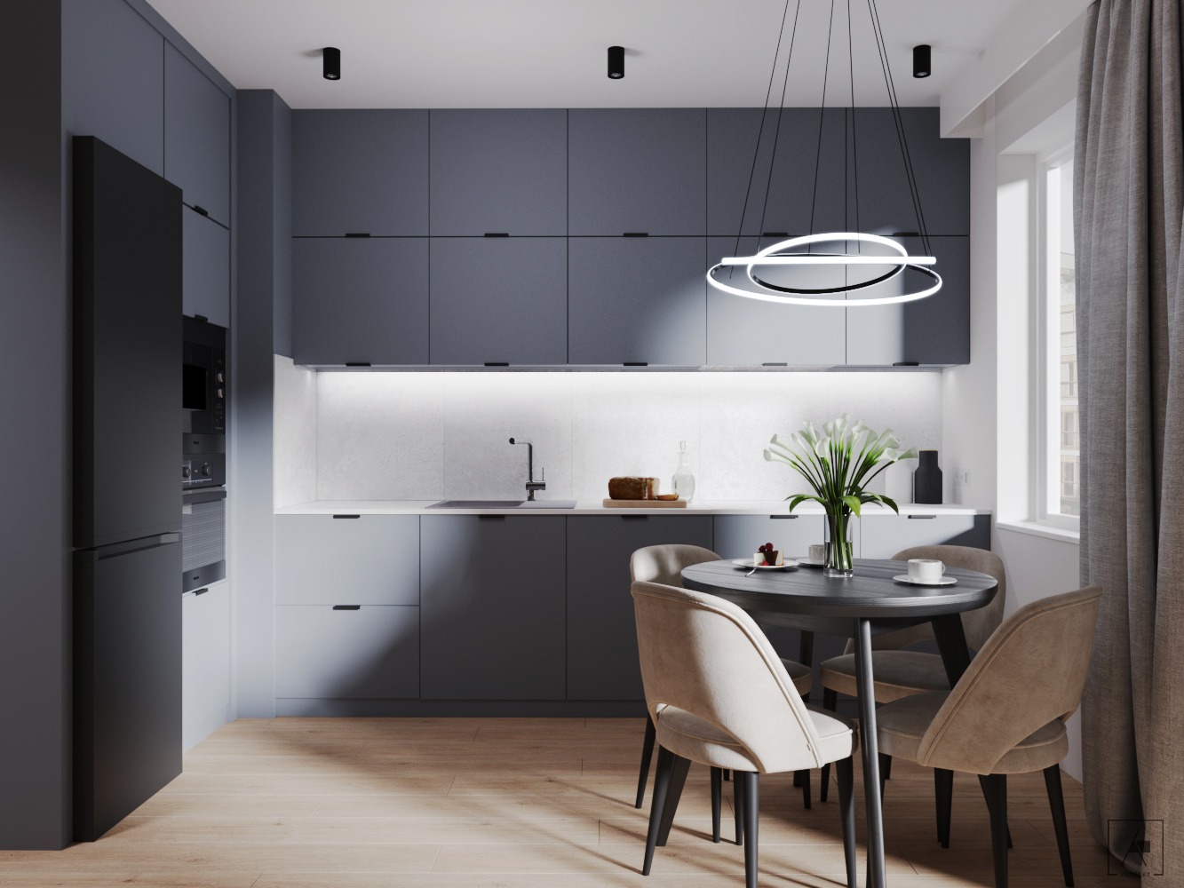Nowoczesna szara kuchnia z okrągłym stołem, beżowymi krzesłami i dekoracyjnym oświetleniem wiszącym, widok z perspektywy podłogi na blat i szafki.