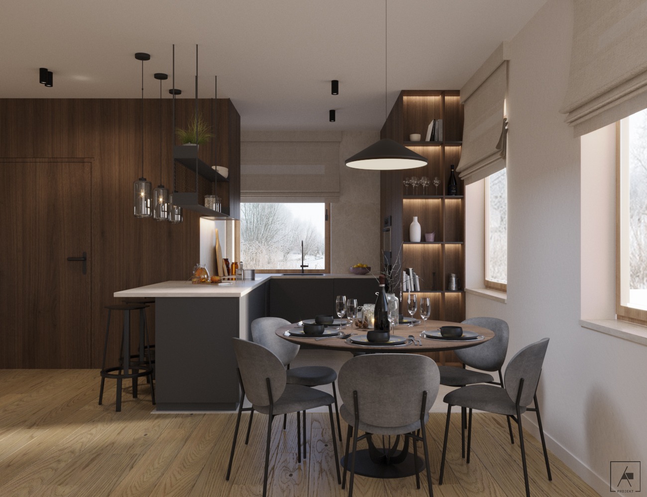 Salon z kuchnia w domu pod Puławami