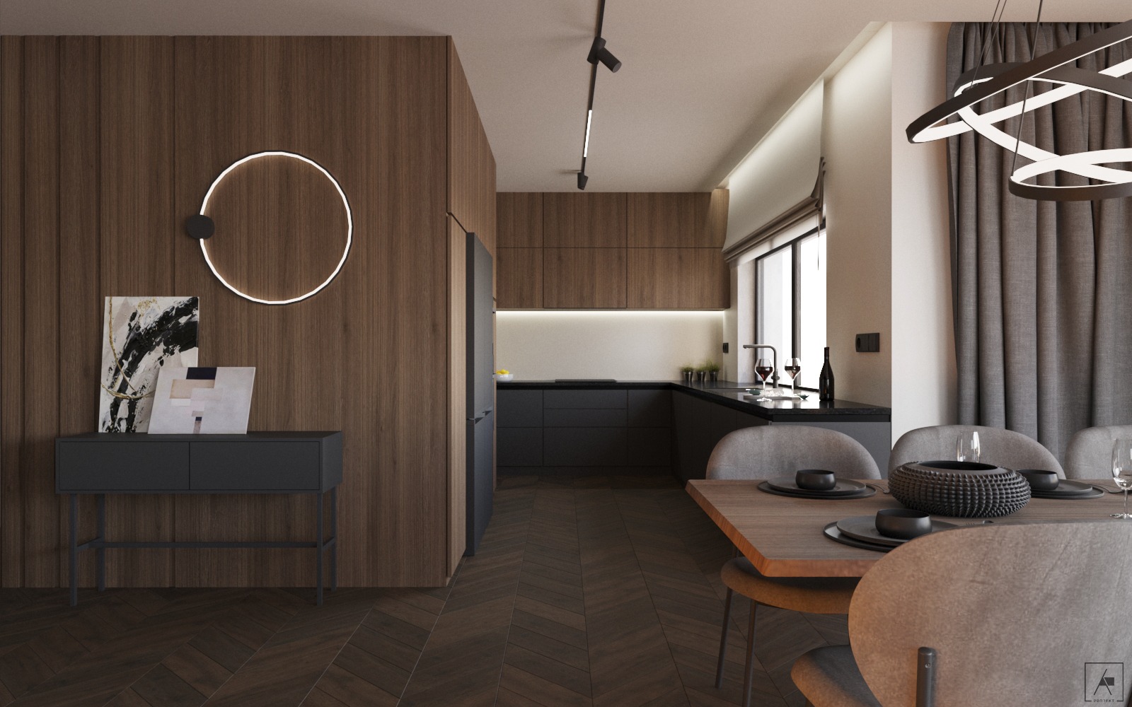 Nowoczesna aranżacja wnętrza z drewnianą ścianą, okrągłym podświetlanym elementem dekoracyjnym, minimalistyczną komodą z obrazami, otwartą kuchnią z ciemnymi szafkami i stołem jadalnym z szarymi...