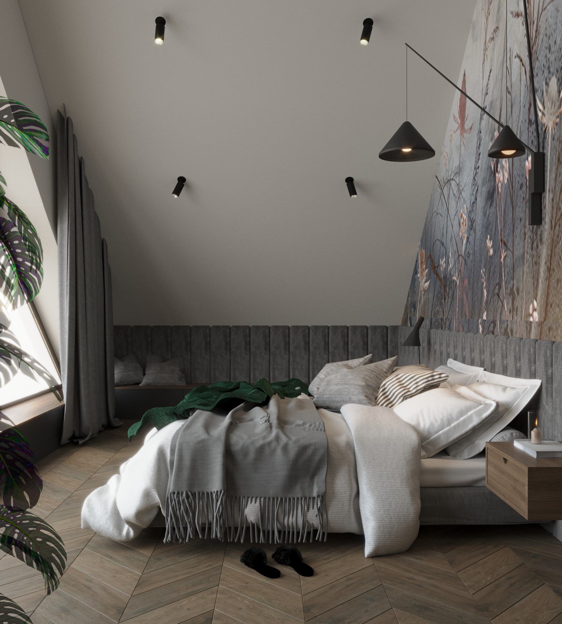 Wrocław: Sypialnia na poddaszu z drewnianą podłogą w jodełkę, szarym łóżkiem, tapetą w kwiaty i czarnymi lampami punktowymi.