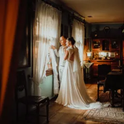 Para młoda, on w białym garniturze, ona w sukni ślubnej z koronkowymi plecami, spogląda przez okno w zabytkowym wnętrzu, oświetlona ciepłym światłem.