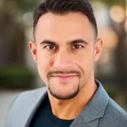 Portret uśmiechniętego mężczyzny z Częstochowy w szarej marynarce na rozmytym tle.