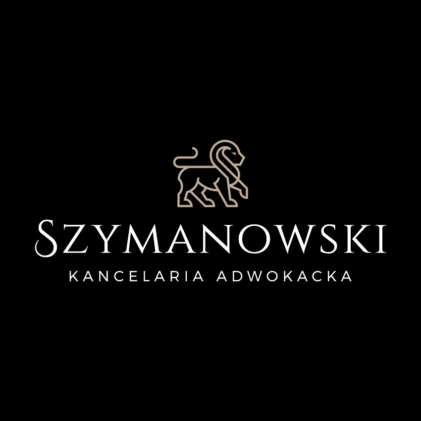 Logo kancelarii adwokackiej Szymanowski z konturowym lwem w kolorze złamanej bieli na czarnym tle.