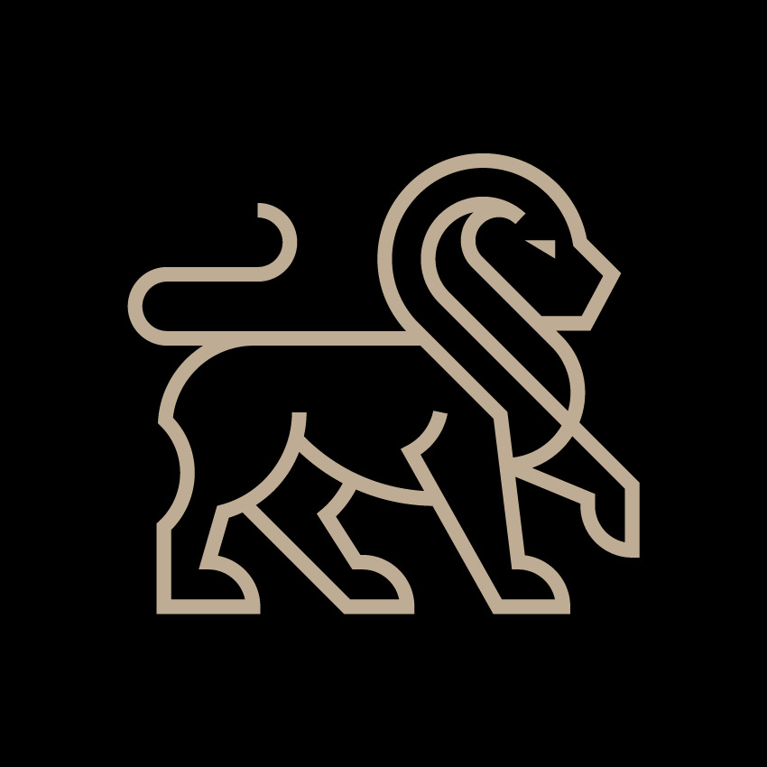 Stylizowany, geometryczny lew w kolorze beżowym na czarnym tle, logo firmy.