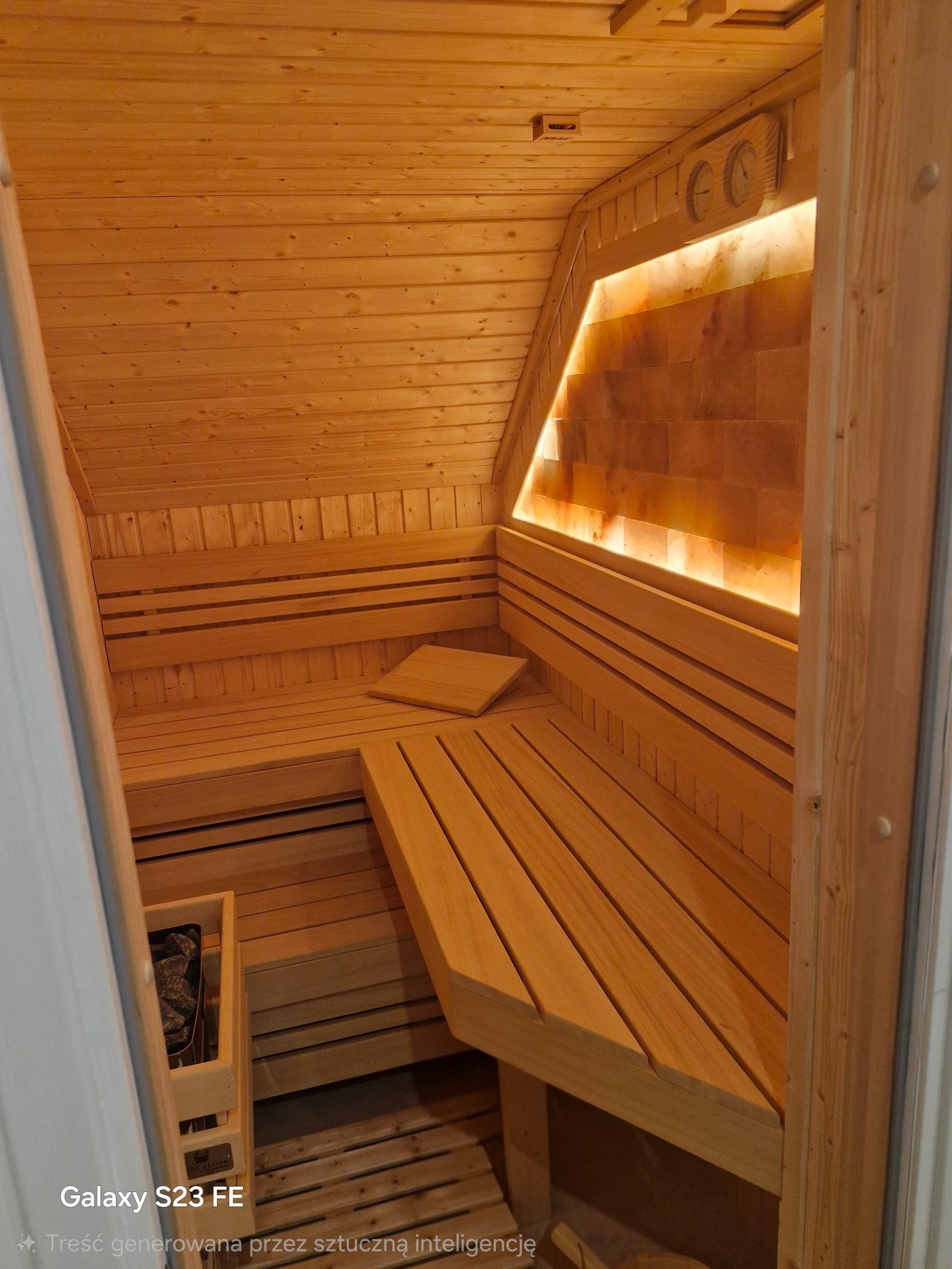 Drewniana sauna z podświetlaną ścianą solną w Łochocinie. Widoczne ławki i piec z kamieniami. Ciepłe oświetlenie tworzy relaksującą atmosferę.