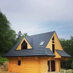 Surowy drewniany dom z ciemnoszarą, metalową dachówką modułową, widoczne okno dachowe i niezabudowane otwory okienne, na tle zieleni drzew.