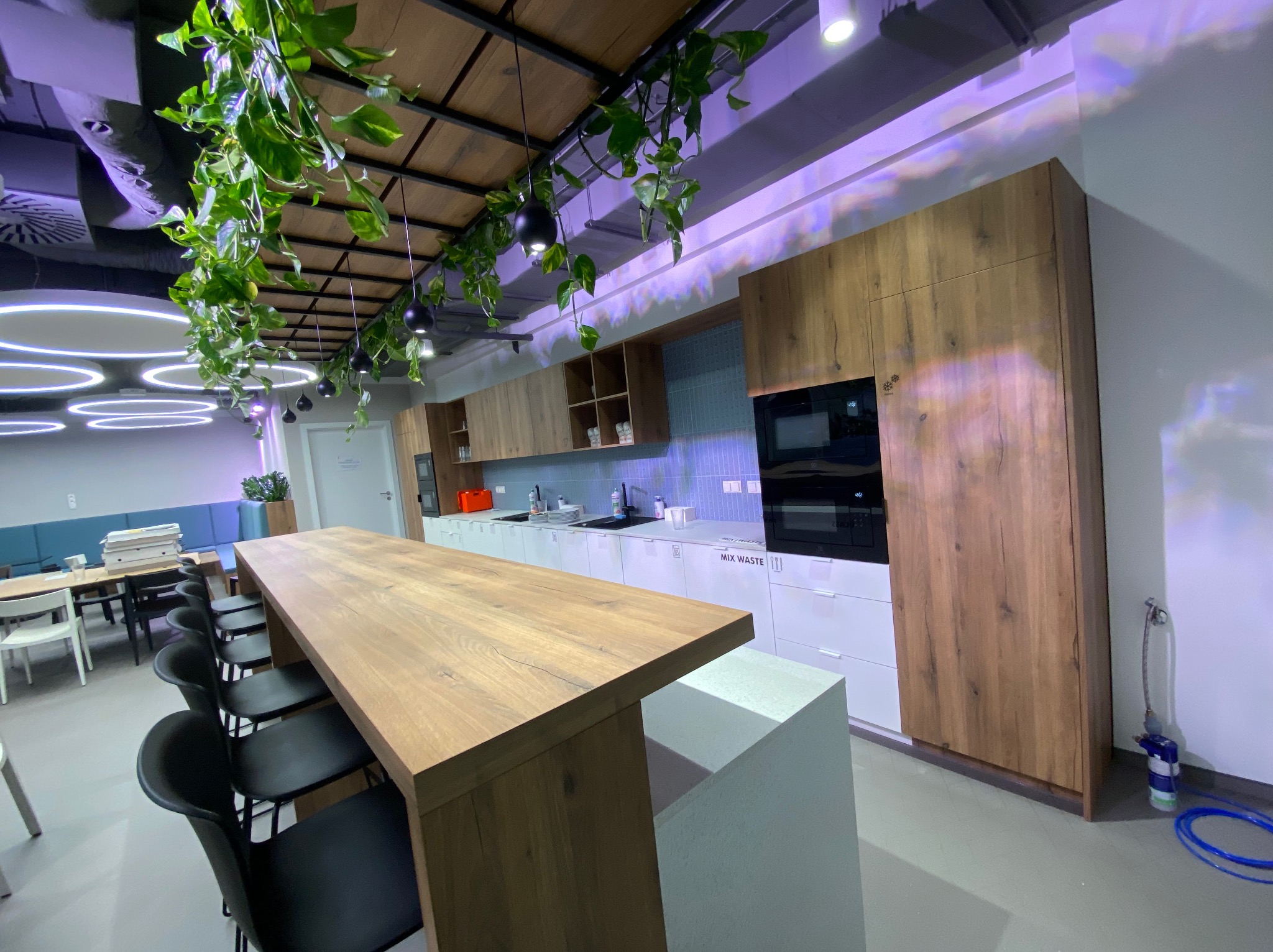 Nowoczesna przestrzeń biurowa z aneksem kuchennym, drewnianymi szafkami i wyspą barową z krzesłami, oświetlona wiszącymi lampami i dekoracjami roślinnymi.