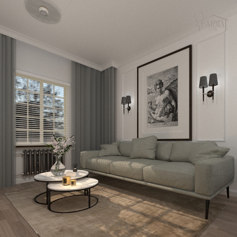 Jasnoszara sofa w salonie z dwoma okrągłymi stolikami kawowymi, na ścianie grafika w ramie i dwa kinkiety, szare zasłony przy oknie.