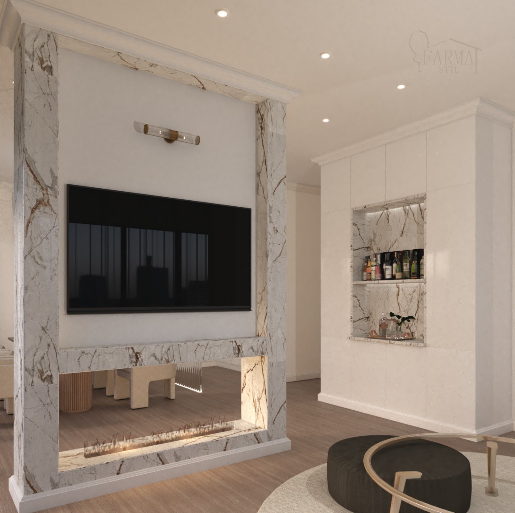 Elegancki salon z marmurowym kominkiem, telewizorem i wnęką barową w tle, oświetlony punktowymi lampami.