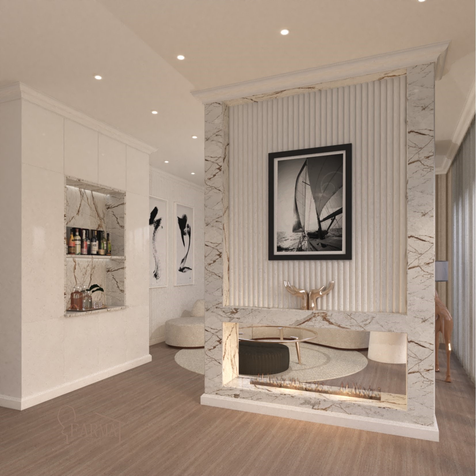 Elegancki salon z marmurowym wykończeniem, wbudowanym barkiem z alkoholem i biokominkiem w marmurowej obudowie, ozdobiony czarno-białym obrazem żaglówki i złotą rzeźbą jelenia.
