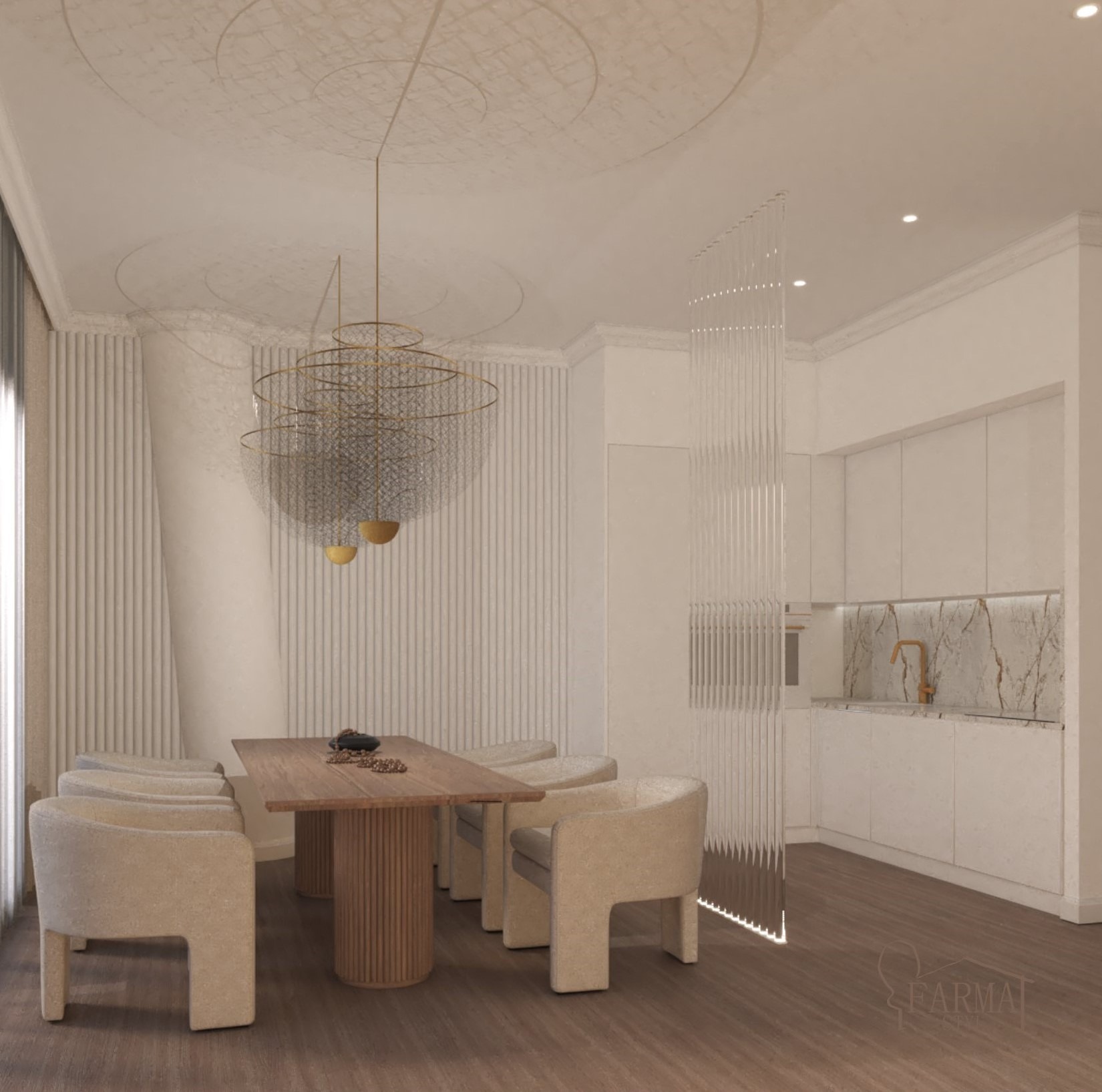 Wizualizacja przestronnego wnętrza z jadalnią i aneksem kuchennym w odcieniach beżu i bieli, z drewnianym stołem, krzesłami obitymi beżowym materiałem, dekoracyjnym żyrandolem i ścianą oddzielającą...