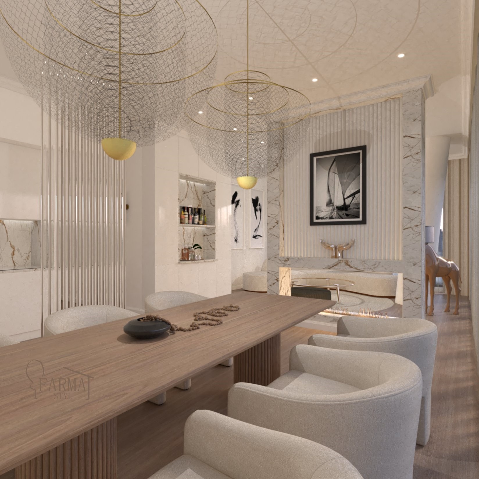 Elegancka jadalnia w odcieniach bieli i beżu, z drewnianym stołem, nowoczesnymi krzesłami o zaokrąglonych kształtach i dekoracyjnymi lampami sufitowymi. Na stole leży czarna misa i sznur korali.