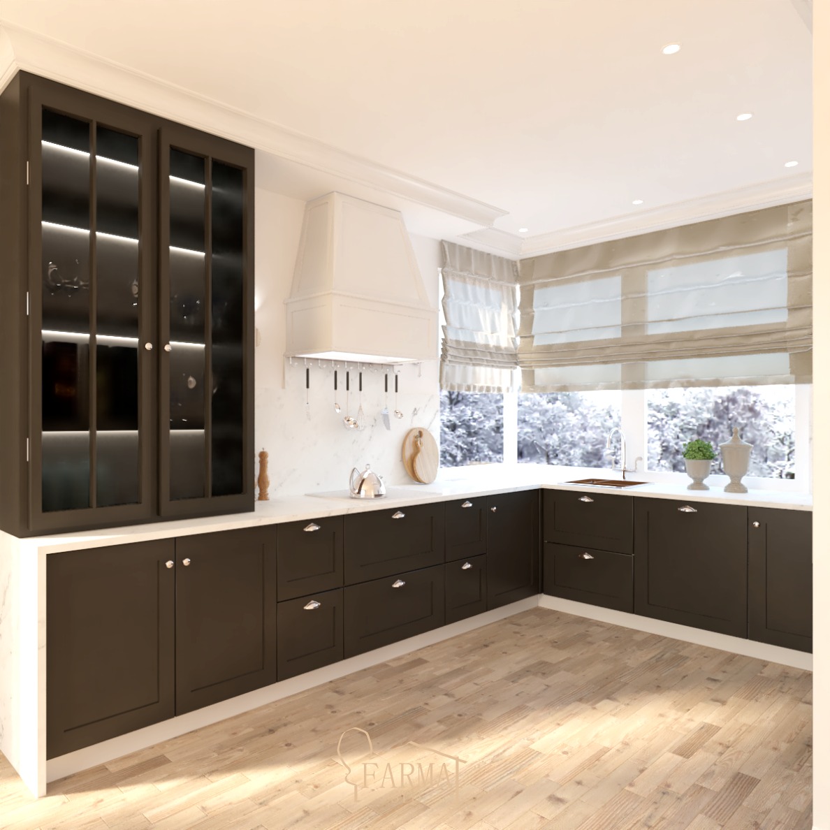 Wizualizacja nowoczesnej kuchni z ciemnymi szafkami, marmurowym blatem i drewnianą podłogą. Na blacie widoczne dekoracje, a nad nim okap z relingiem na akcesoria kuchenne.