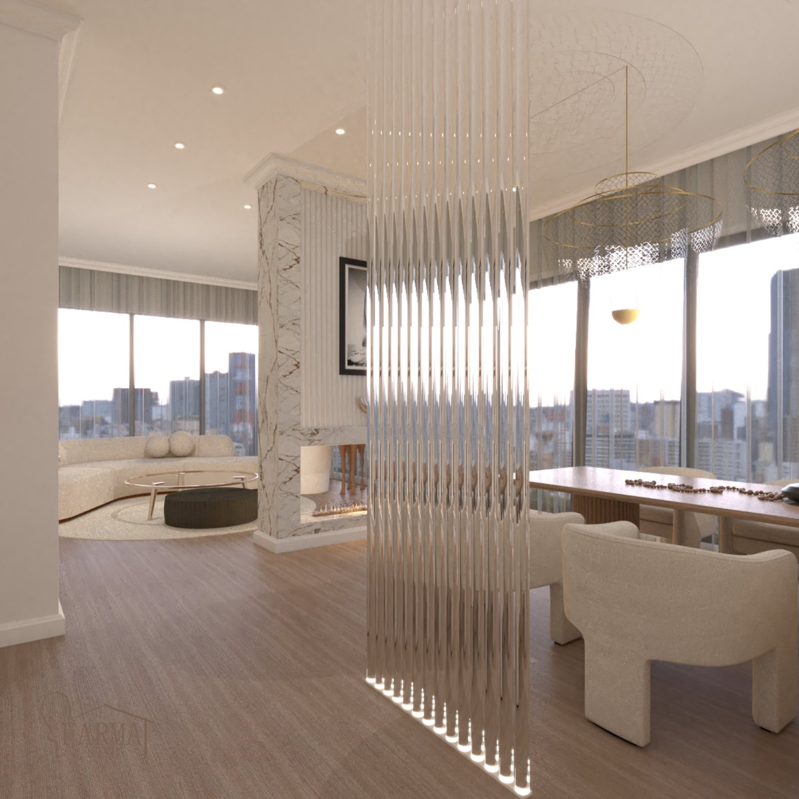 Eleganckie wnętrze apartamentu z podziałem na strefy: salon z sofą w odcieniach beżu, stolikiem kawowym i kominkiem z marmurowym obramowaniem oraz jadalnia z drewnianym stołem i beżowymi krzesłami,...