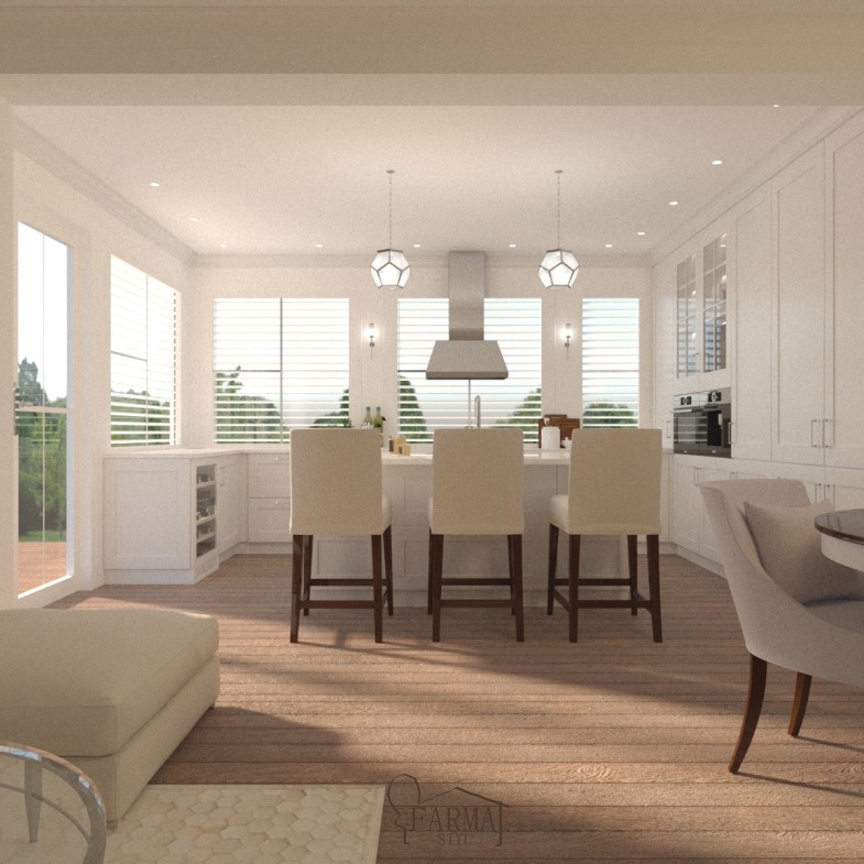 Jasna kuchnia z wyspą i trzema krzesłami barowymi, oświetlona wiszącymi lampami, z widokiem na zieleń za oknem, drewniana podłoga, minimalistyczny design.