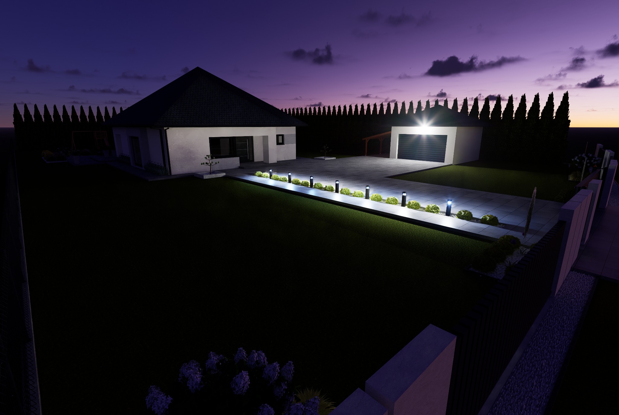 Wizualizacja oświetlonego ogrodu z domem i garażem o zmierzchu, z lampami wzdłuż ścieżki i starannie przystrzyżonym trawnikiem.