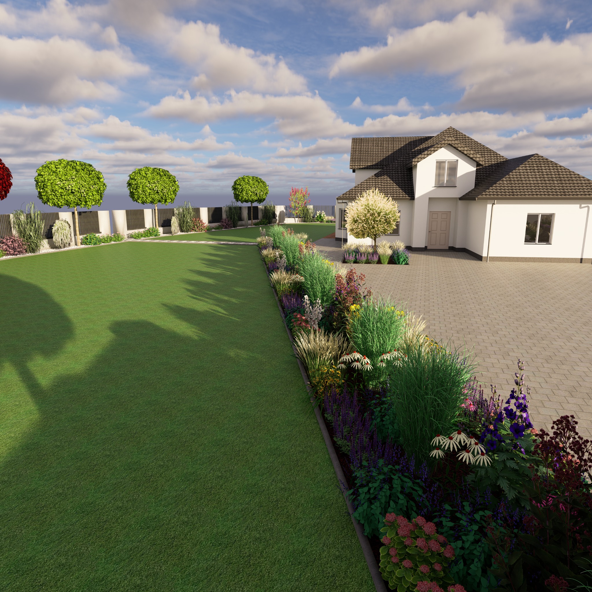 Wizualizacja ogrodu z równo przystrzyżonym trawnikiem, rabatami kwiatowymi wzdłuż ścieżki i domu, drzewami kulistymi oraz nowoczesnym domem w tle pod błękitnym niebem z chmurami.
