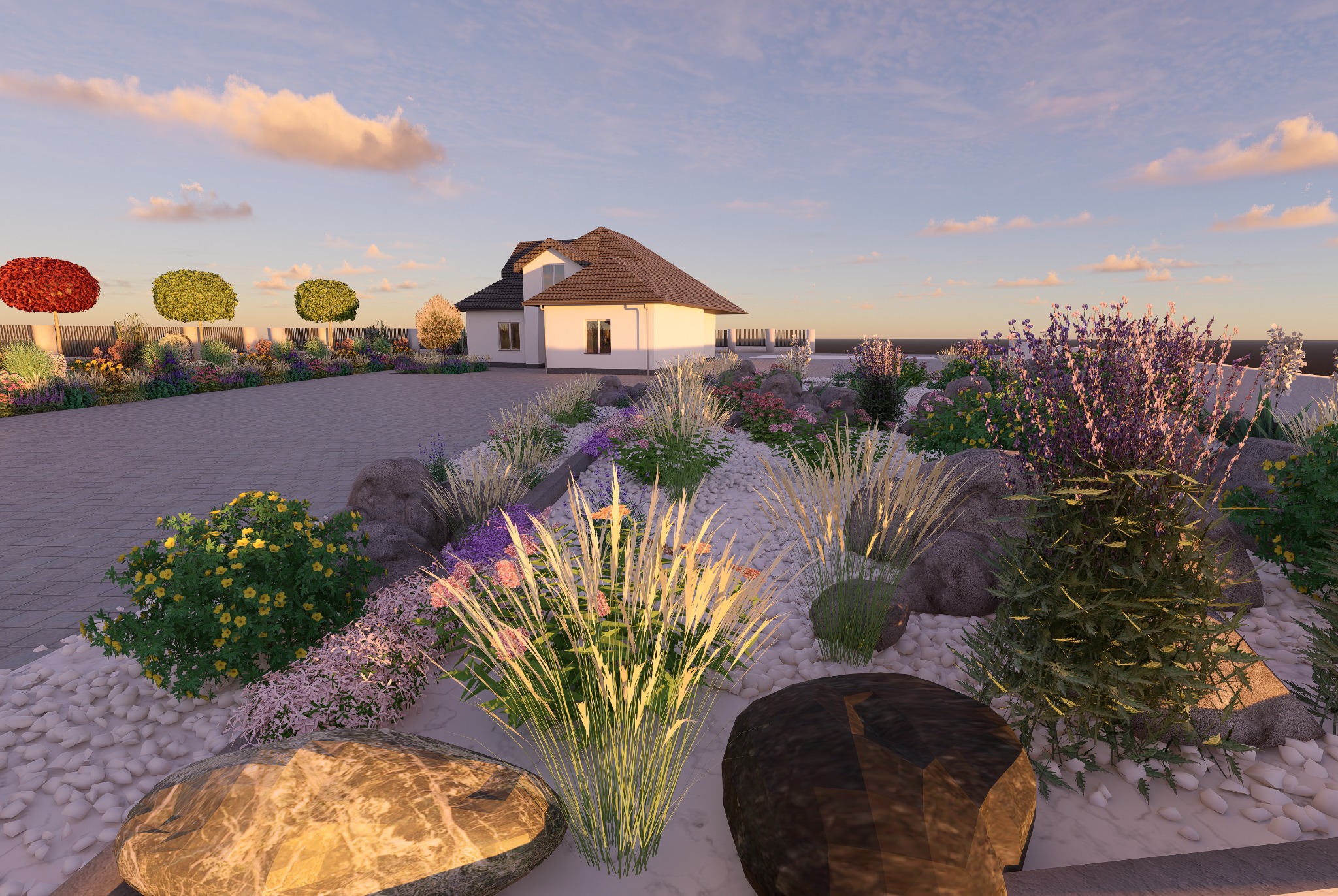 Wizualizacja ogrodu z białymi kamieniami, ozdobnymi trawami, kolorowymi kwiatami i nasadzeniami drzew w tle nowoczesnego domu jednorodzinnego o zmierzchu.